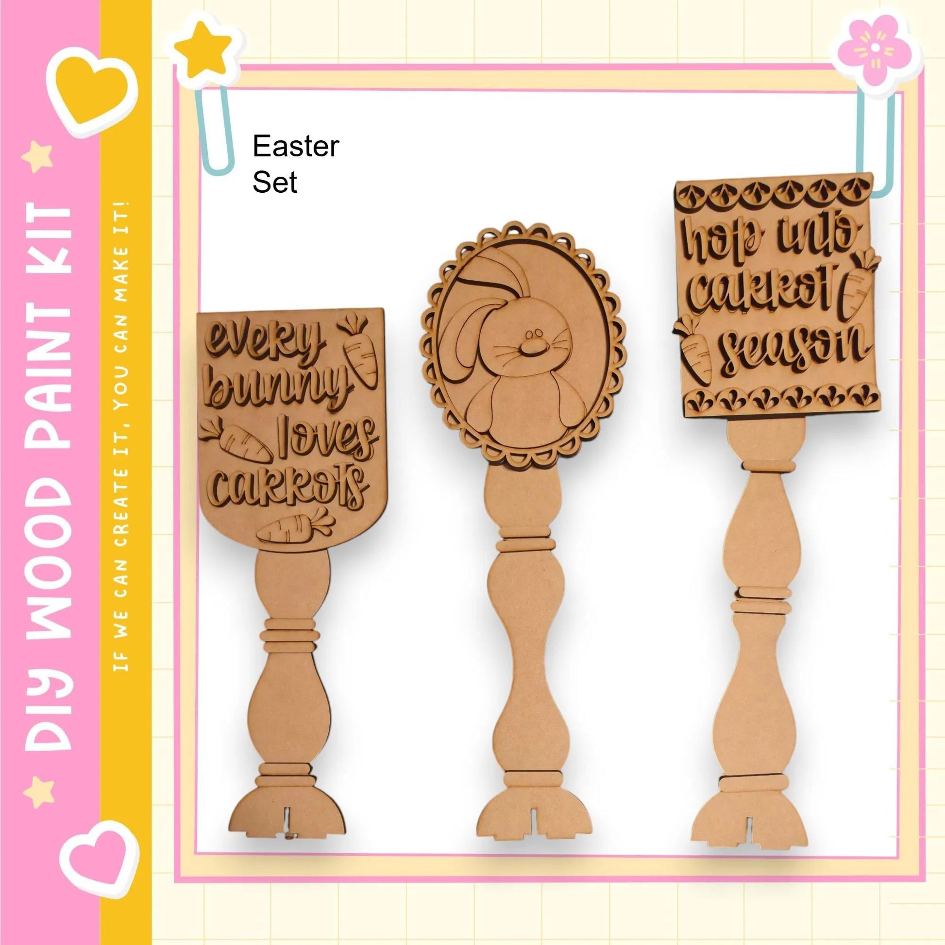 three wooden Easter-themed decorations, including a bunny and a carrot motif, with the text "Every bunny loves carrots" and "hop into the season" written on them.