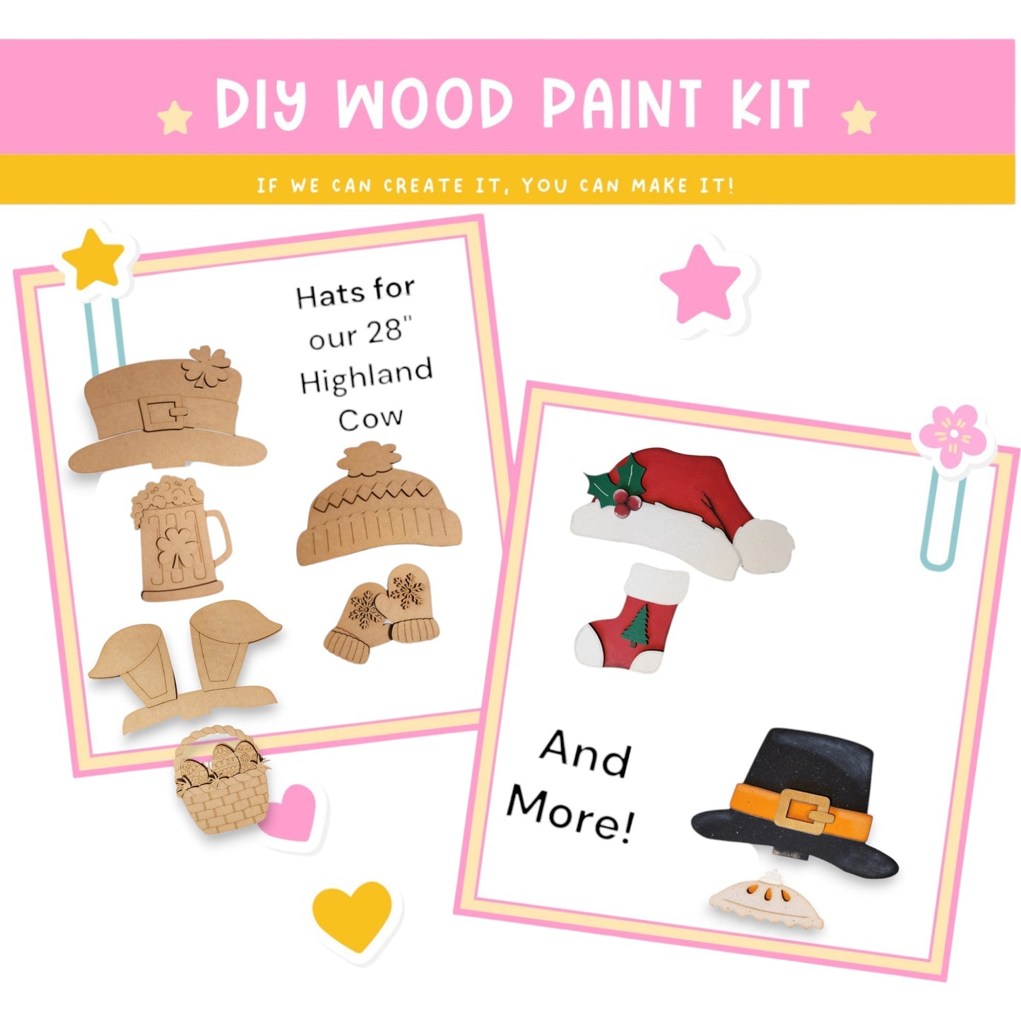 a wooden craft kit with a picture of a hat, boots, and more