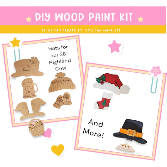 a wooden craft kit with a picture of a hat, boots, and more