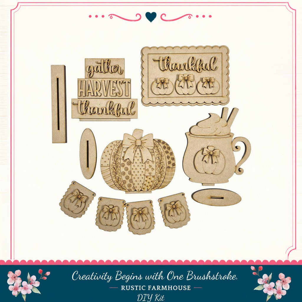 The image is a collection of wooden cutouts and decorations, including a pumpkin, a sign, and a mug, arranged in a decorative manner.