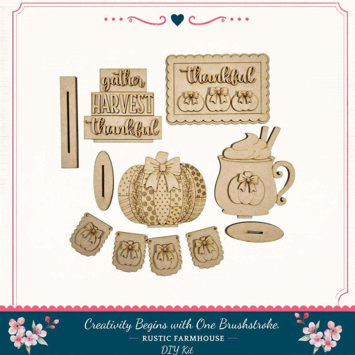 The image is a collection of wooden cutouts and decorations, including a pumpkin, a sign, and a mug, arranged in a decorative manner.