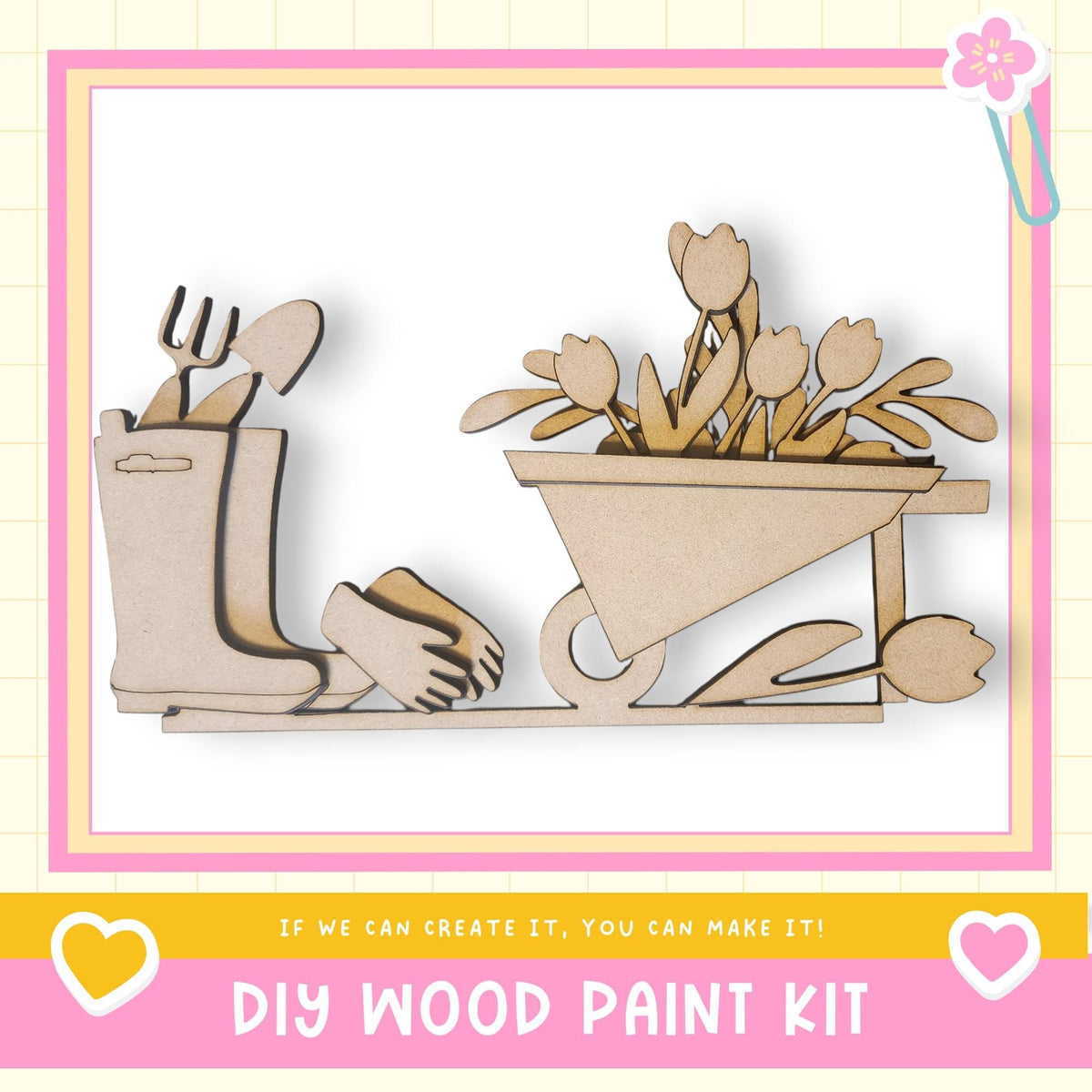 The image is a DIY wood paint kit featuring a wooden boot and a wooden wheelbarrow filled with flowers.