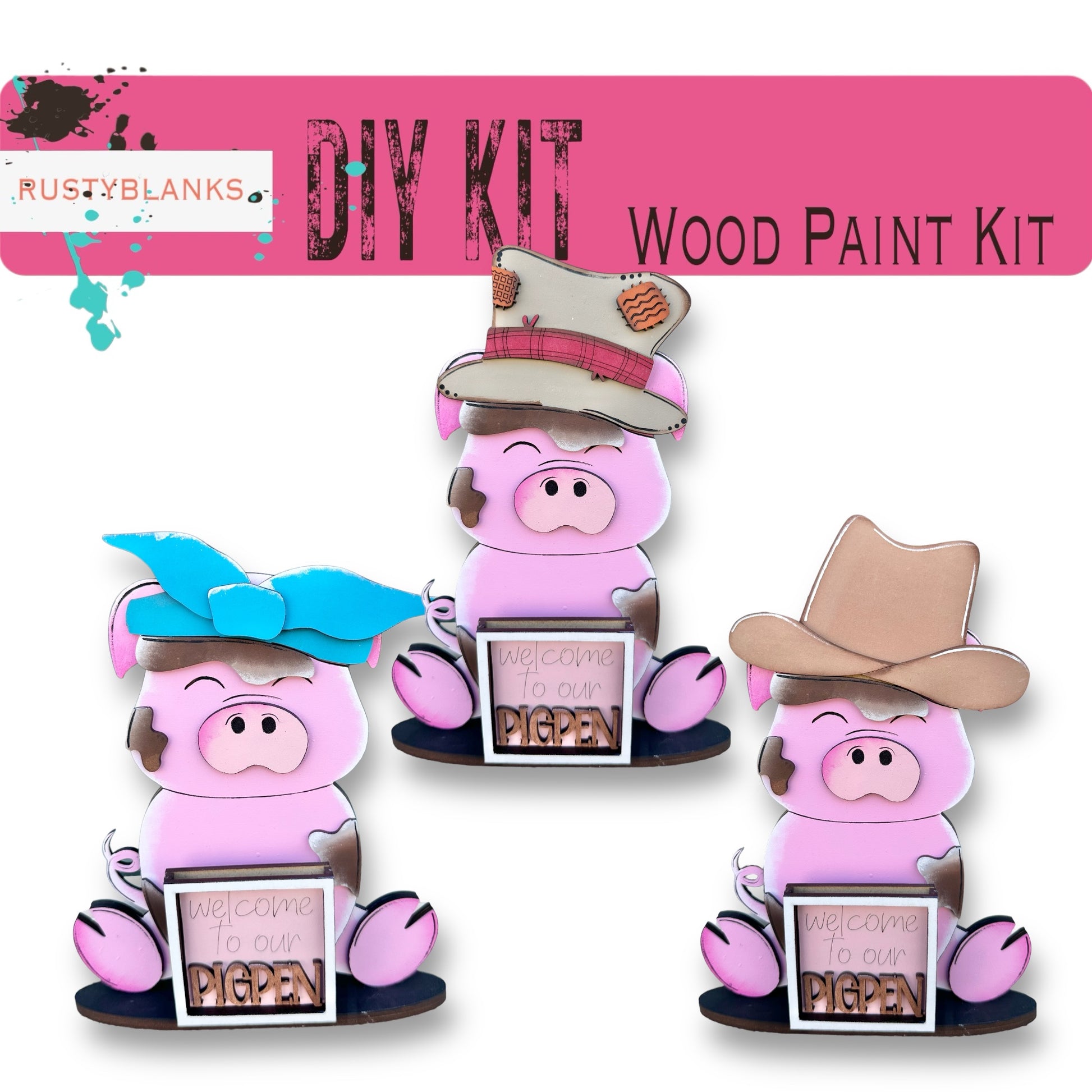three pink pigs with hats on their heads