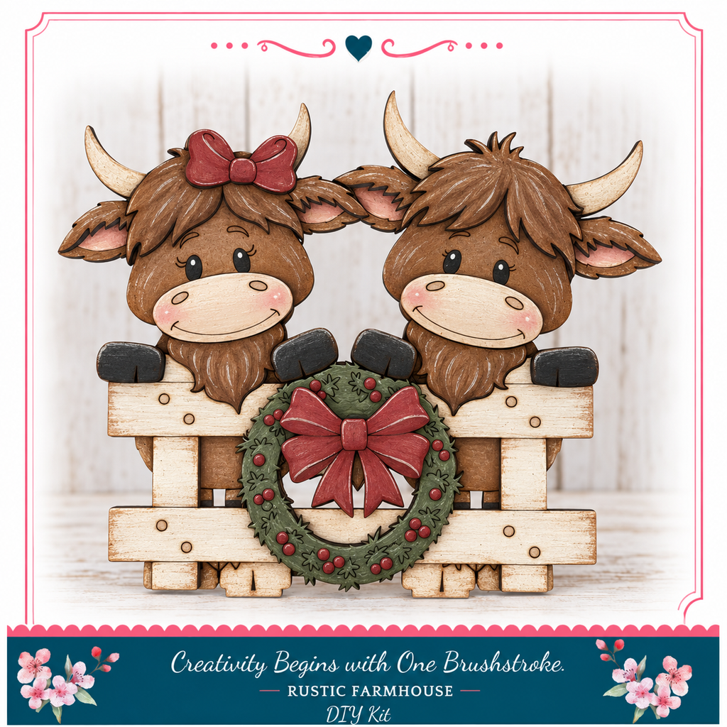 A wooden cow figurine with a bow and a wreath, sitting on a wooden fence.