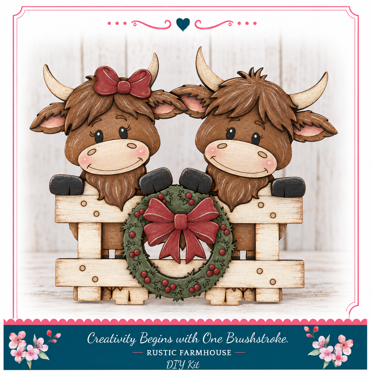 A wooden cow figurine with a bow and a wreath, sitting on a wooden fence.