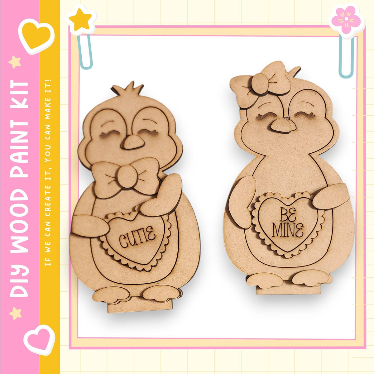 two wooden cutouts of cute penguins, each holding a heart-shaped sign with a Valentine's Day message.