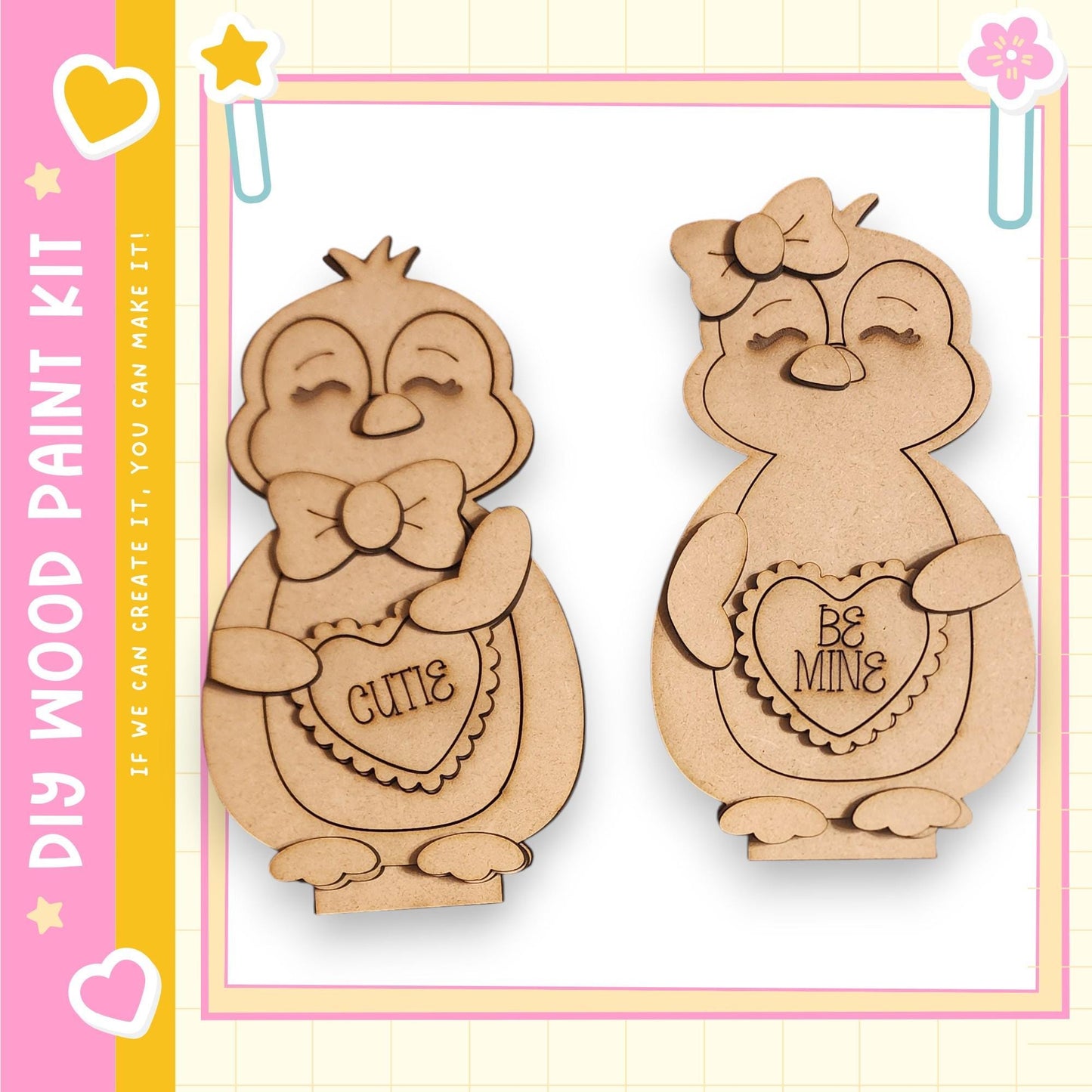 two wooden cutouts of cute penguins, each holding a heart-shaped sign with a Valentine's Day message.