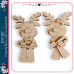 two wooden reindeer figures, one standing upright and the other holding a candy cane, both with antlers and bows.