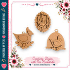 three wooden ornaments, including a bird, a birdcage, and a birdhouse, arranged against a white background. The text "Creativity Begins with One Brushstroke. - Rustic Farmhouse" is displayed, suggesting that these ornaments are handmade and can be created with a single brushstroke.
