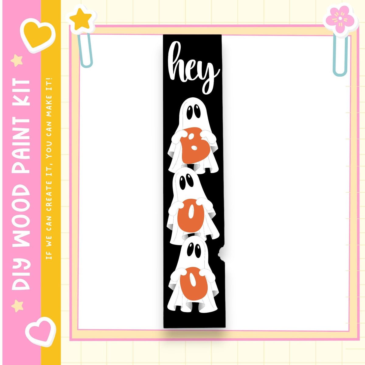 a Halloween-themed poster with three ghostly figures arranged vertically. The poster has a black background with the word "hey" written in white text. The poster is surrounded by a pink and yellow border, and there are small decorative elements such as hearts and stars on the border.