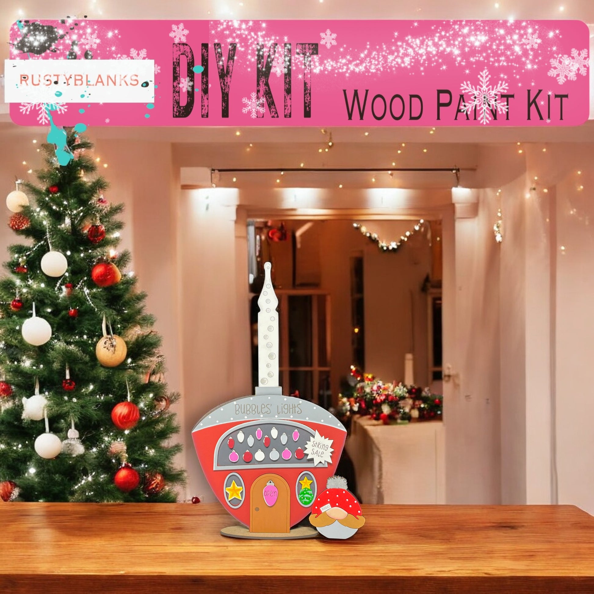 a christmas tree in a room with a sign that says diy kit wood part