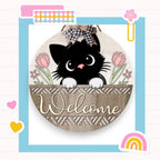 a picture of a cat with a welcome sign