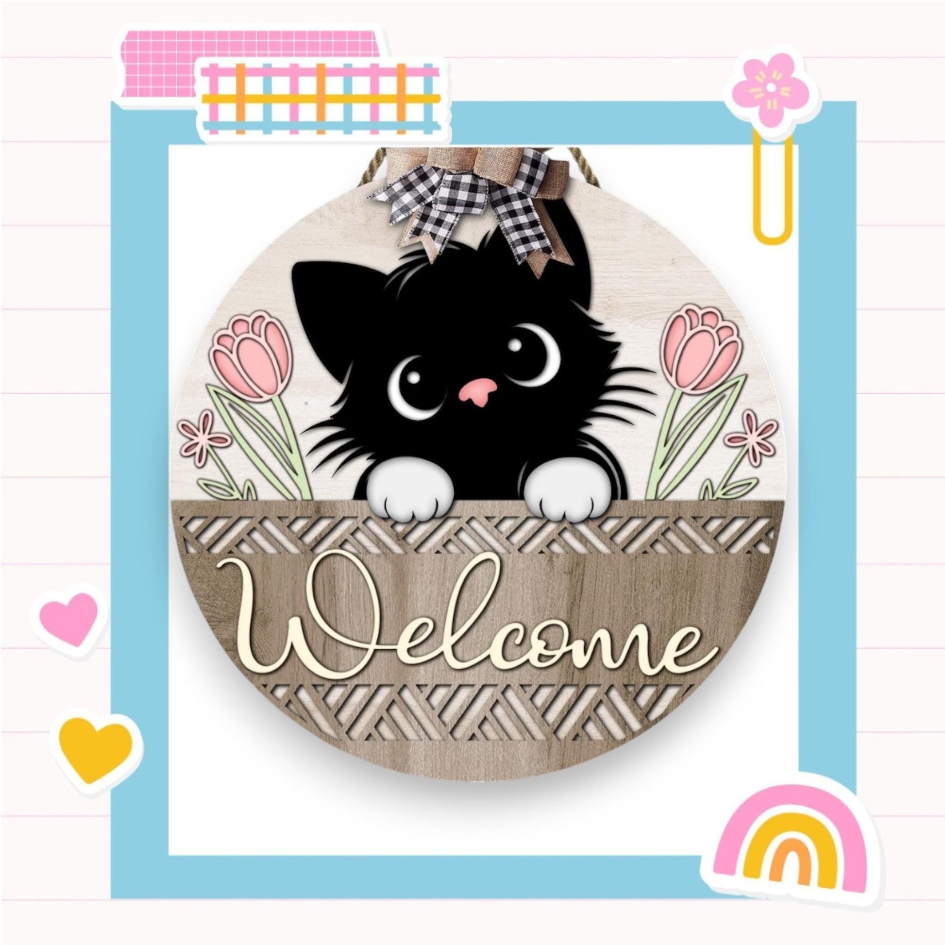 a picture of a cat with a welcome sign