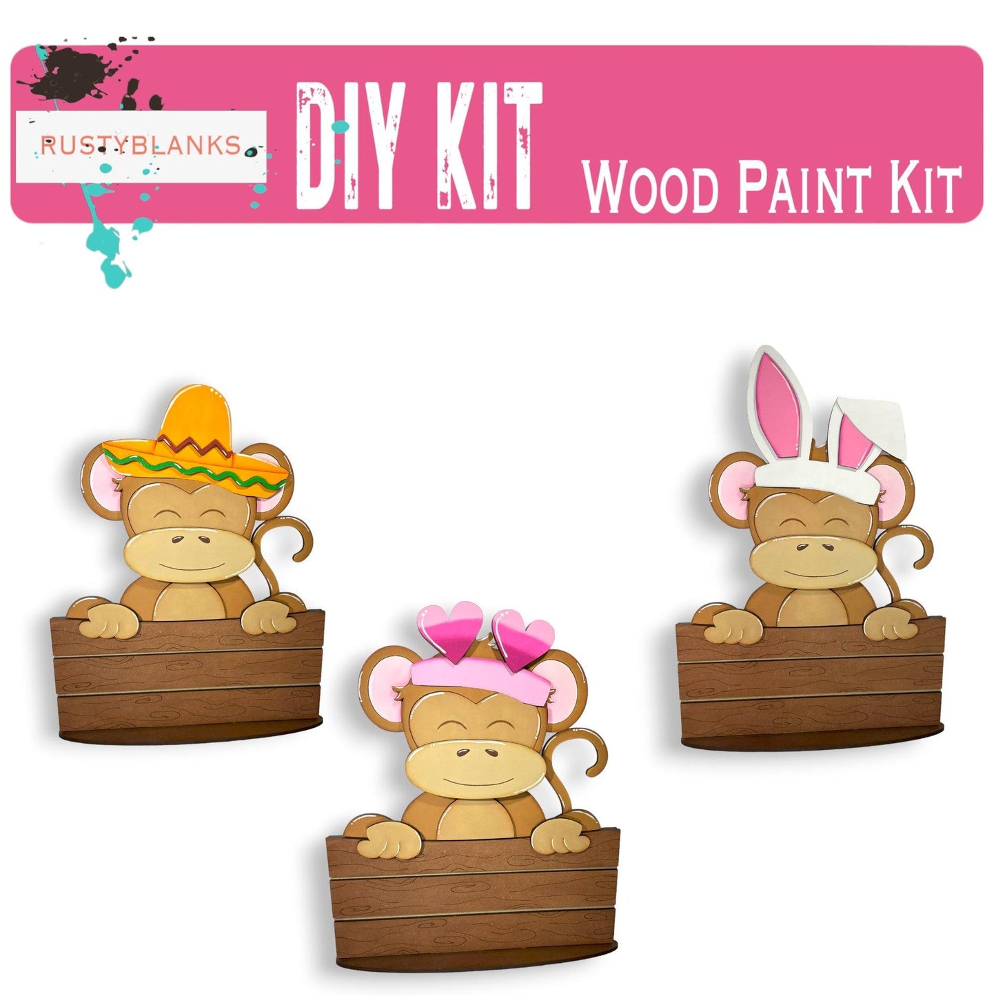 a set of three wooden cut outs of a monkey wearing a hat