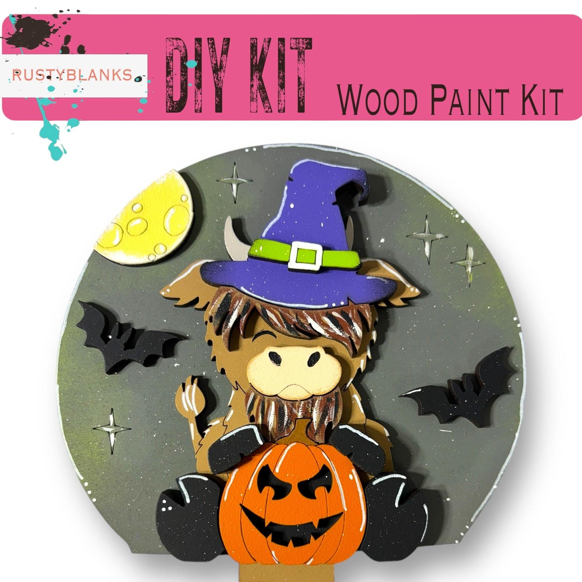 a wooden craft kit with a witch on a pumpkin