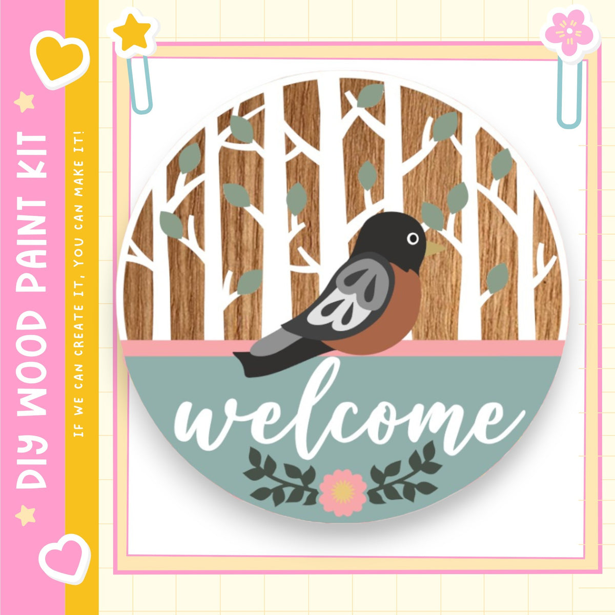 A welcome sign featuring a bird sitting on a wooden branch with leaves, surrounded by a pink and green border.