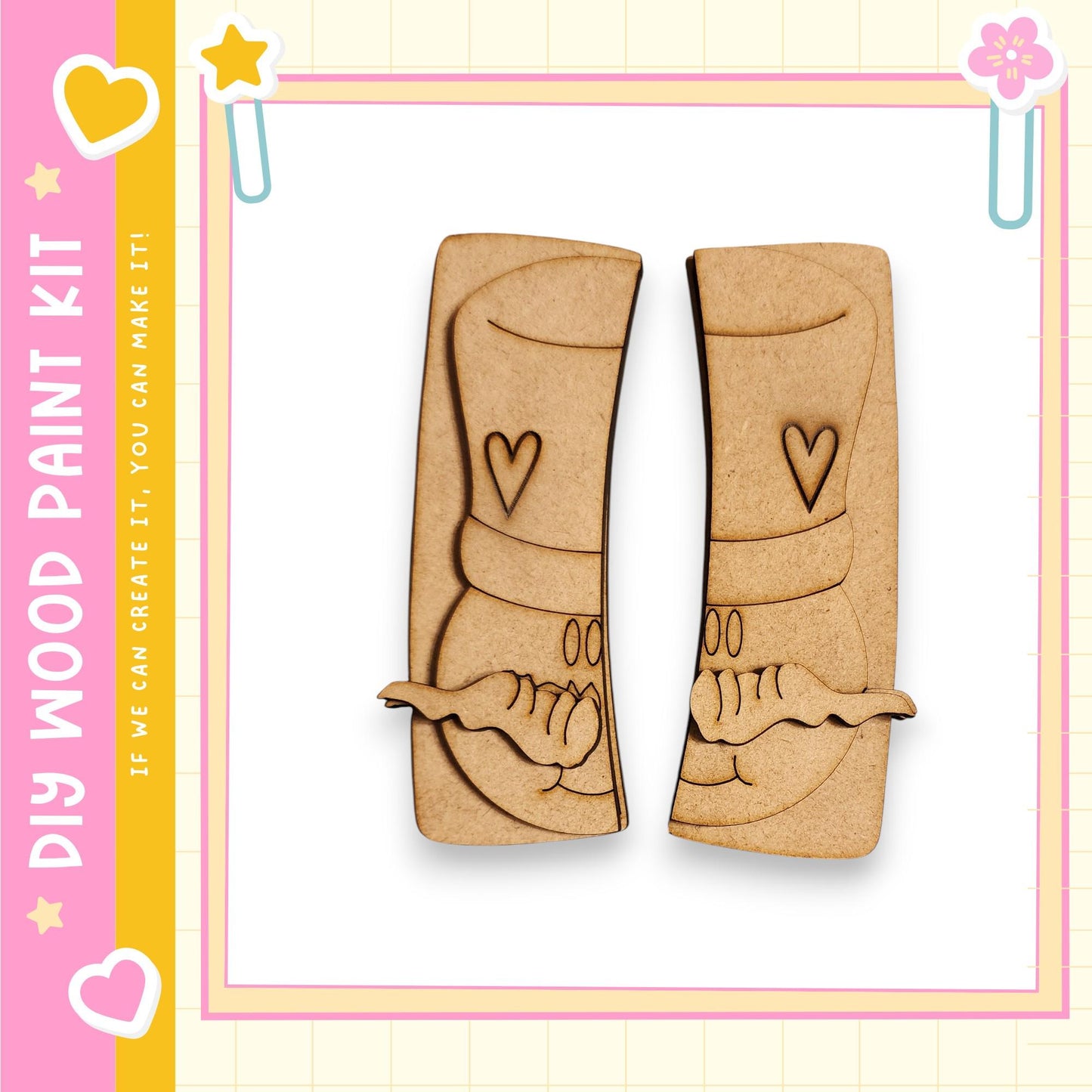 two wooden cutouts of a smiling face, each with a heart and a star, set against a pink and yellow background.