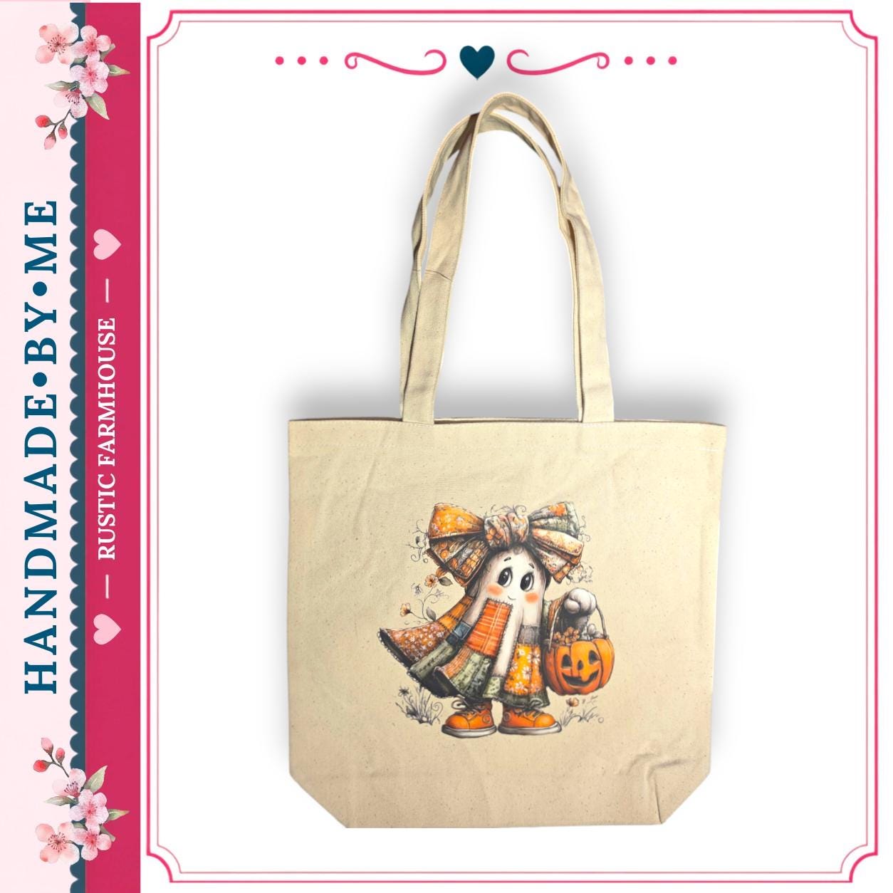 A beige tote bag with a Halloween-themed design, featuring a ghost character holding a pumpkin and a bow.