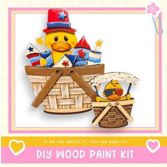 a wooden ducky in a basket with a ribbon