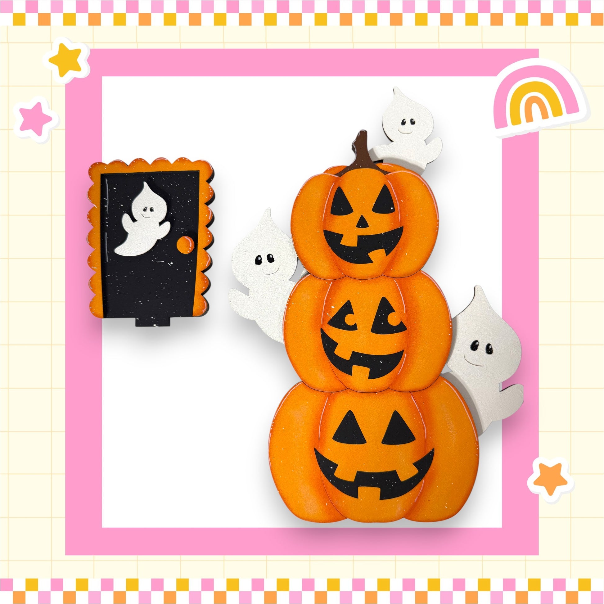 A Halloween-themed collage featuring a carved pumpkin, a ghost, and a black door with a ghost figure on it, all set against a pink and yellow checkered background.