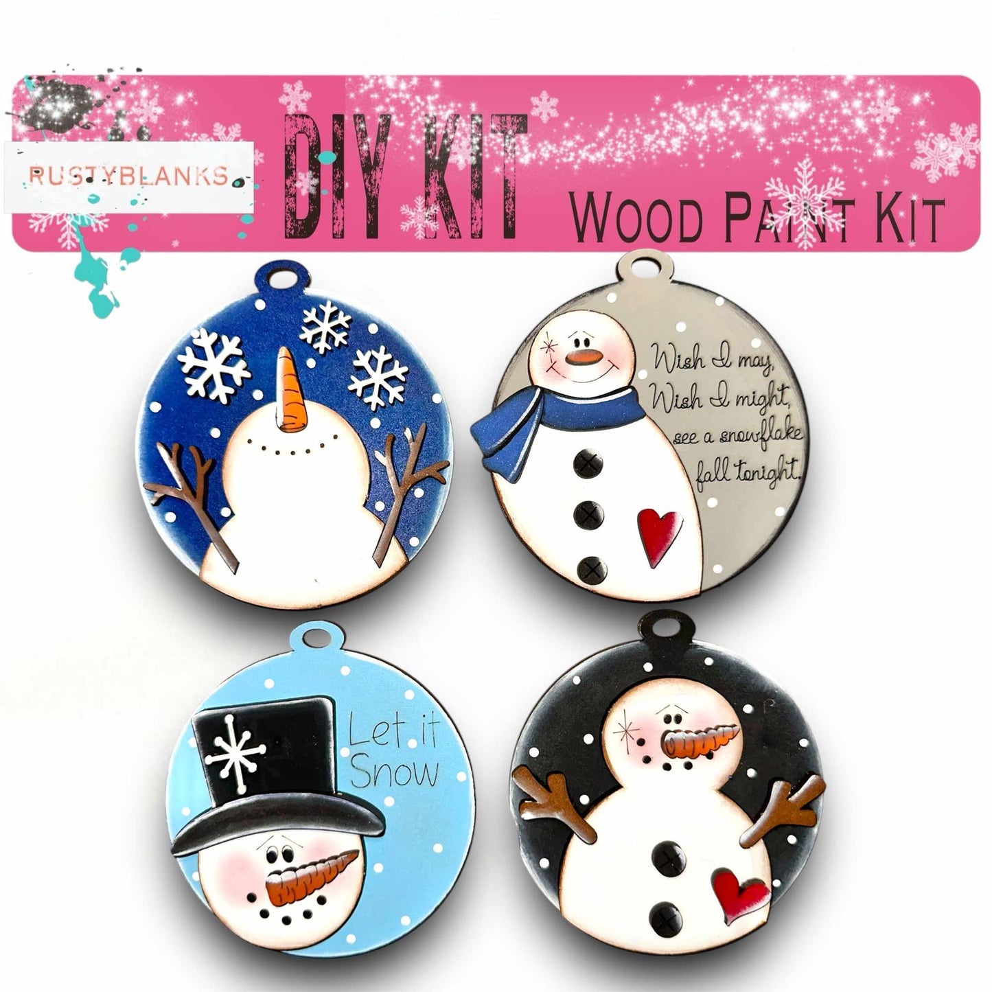 a set of four snowman ornaments on a white background