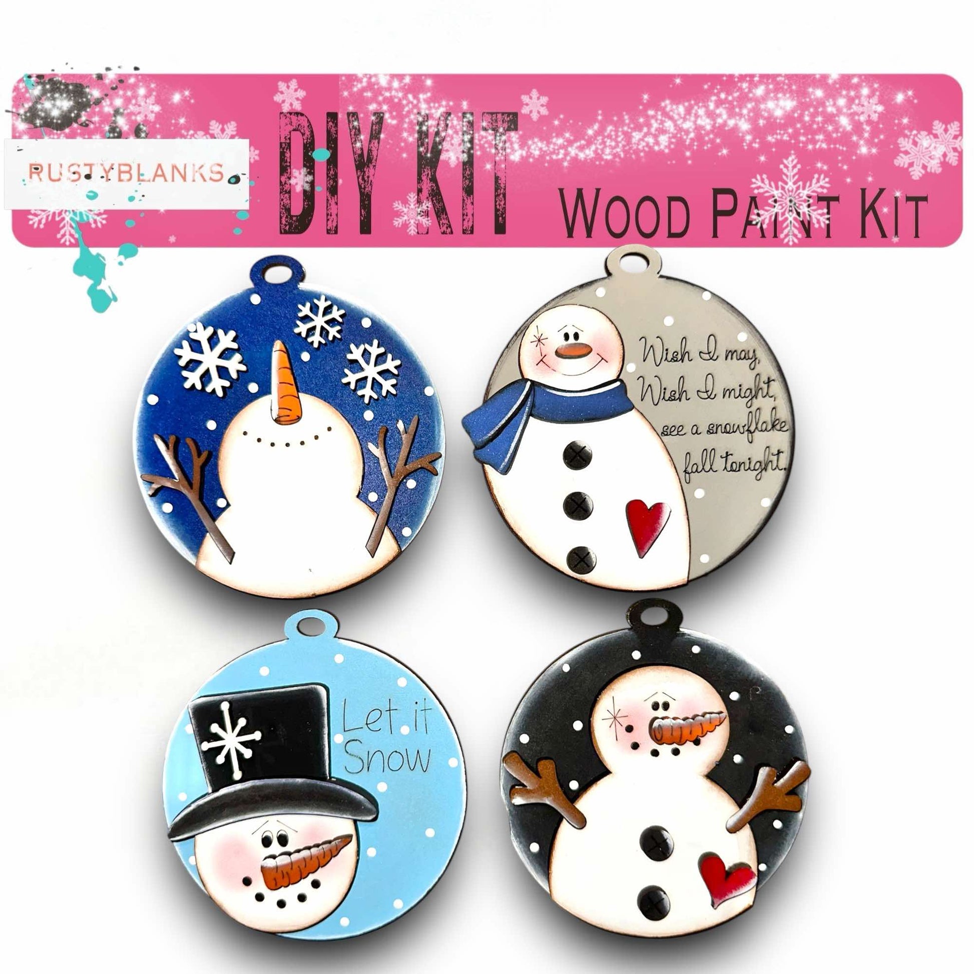 a set of four snowman ornaments on a white background