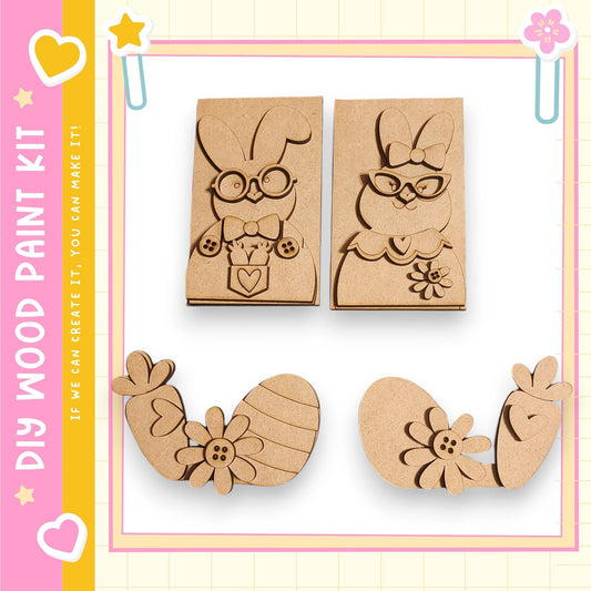 a set of wooden shapes, including a bunny, a flower, and a carrot, arranged in a frame.