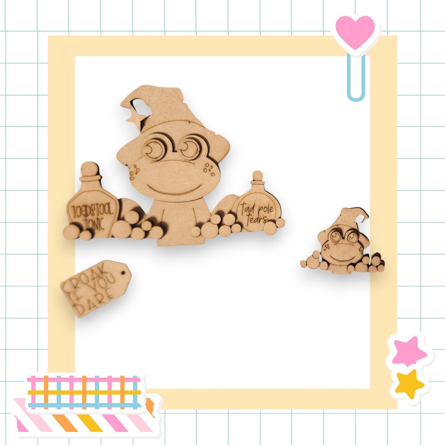 a wooden frog wearing a hat and holding a bottle of "Toedool" in a playful and whimsical scene.