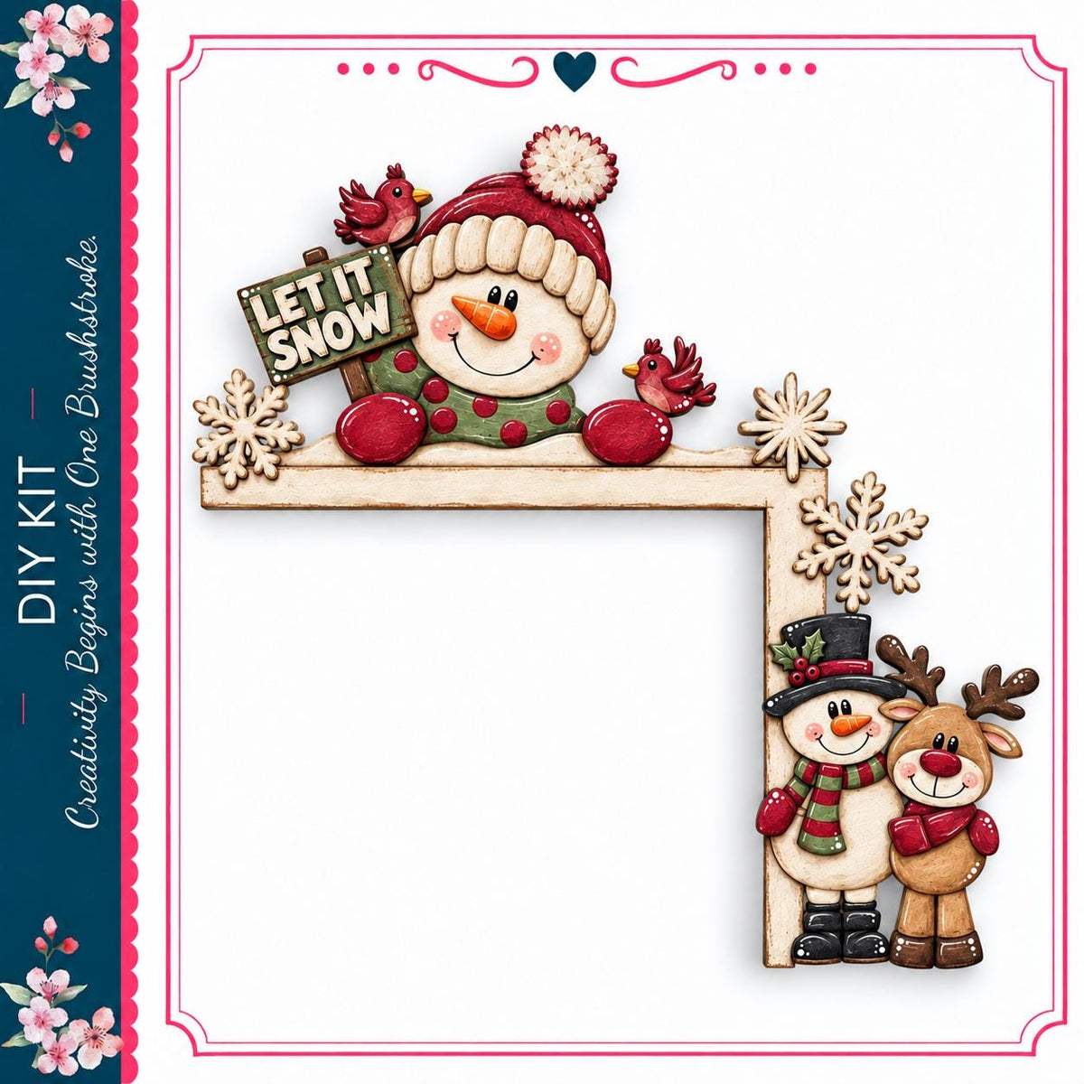 A snowman and two reindeer are depicted in a festive winter scene, with a sign that says "LET IT SNOW" and snowflakes surrounding them.