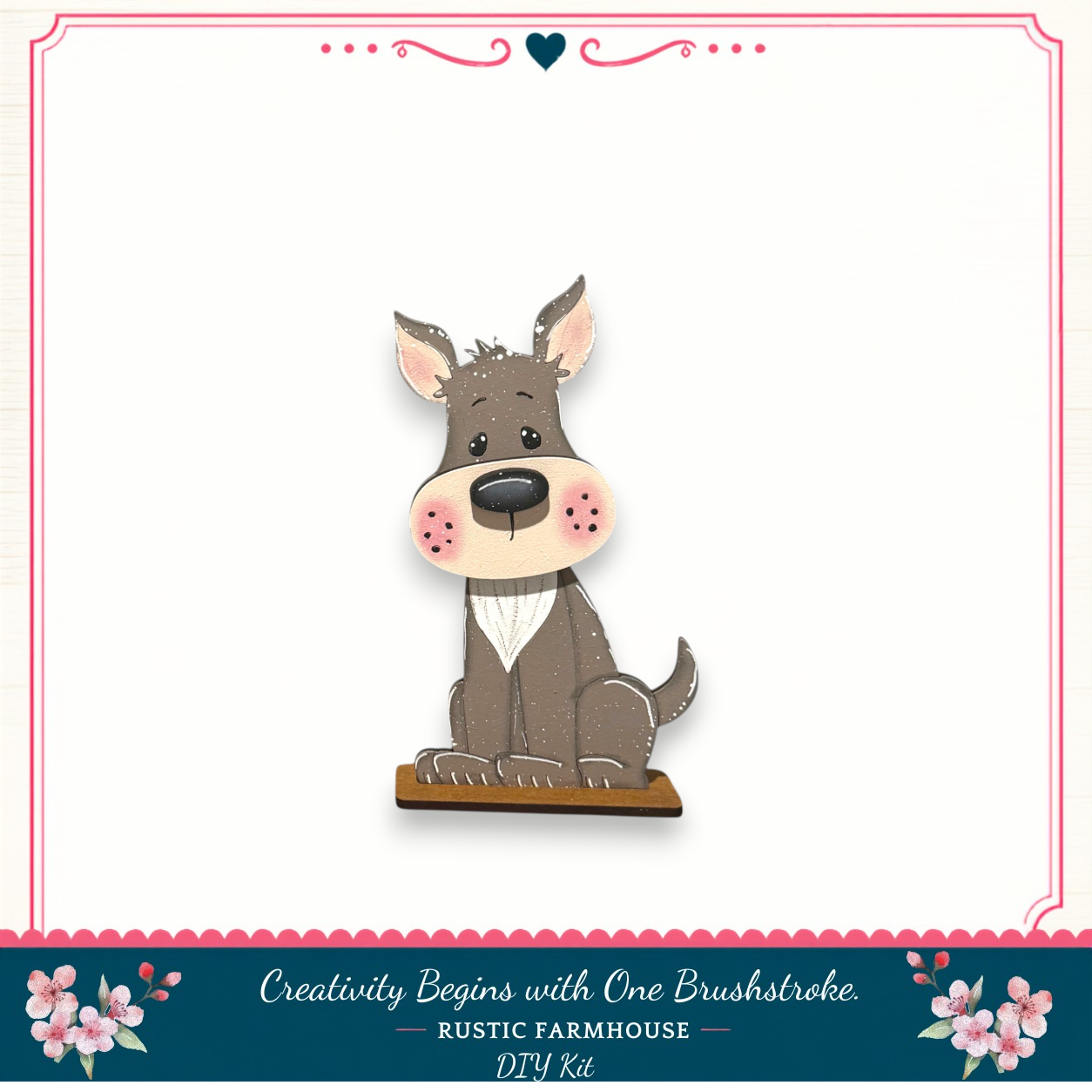 A cartoon dog sitting on a wooden surface, with a heart-shaped decoration above it.