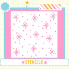 The image is a collage of various images, including a pink and white background with pink snowflake-like shapes and a star. The word "STENCILS" is displayed in the bottom right corner of the image.