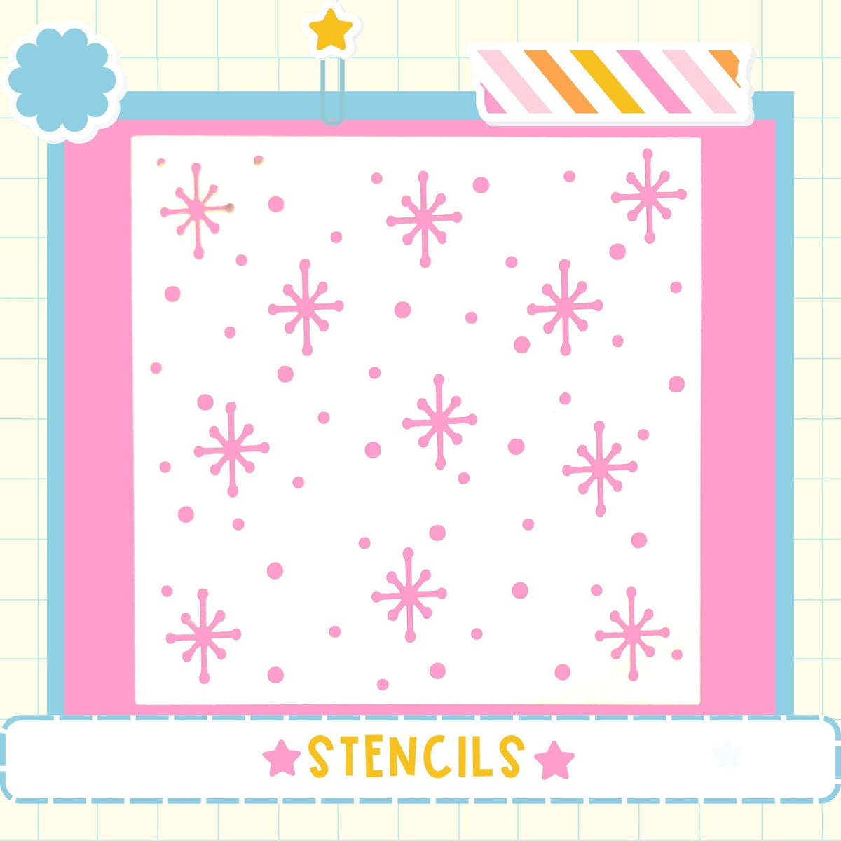 The image is a collage of various images, including a pink and white background with pink snowflake-like shapes and a star. The word "STENCILS" is displayed in the bottom right corner of the image.