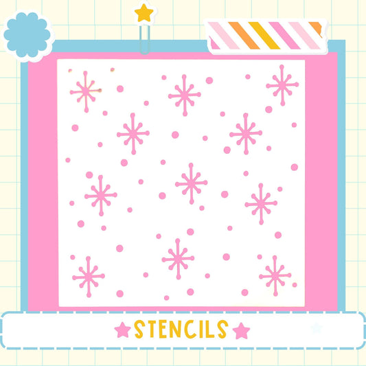 The image is a collage of various images, including a pink and white background with pink snowflake-like shapes and a star. The word "STENCILS" is displayed in the bottom right corner of the image.