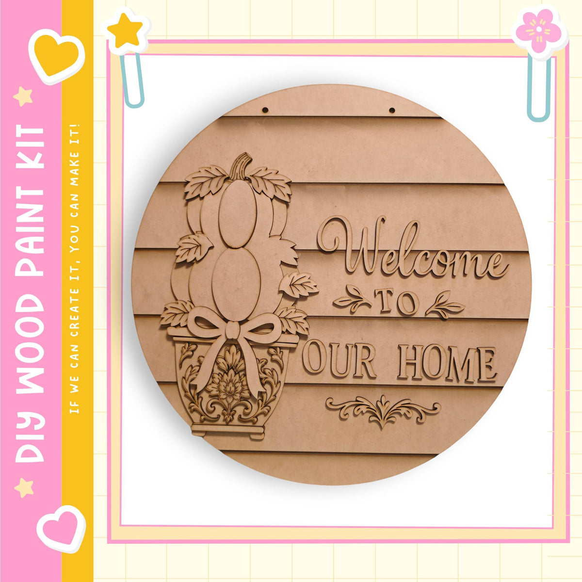 a wooden sign with the text "Welcome to our home" carved into it, along with a decorative design.