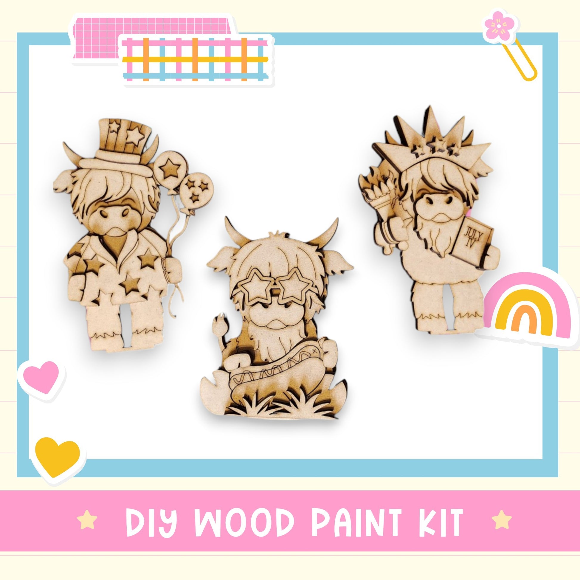 three wooden cutouts of cartoon characters on a white background