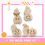a DIY wood paint kit for creating Halloween decorations, including wooden pumpkins and ghost figures.