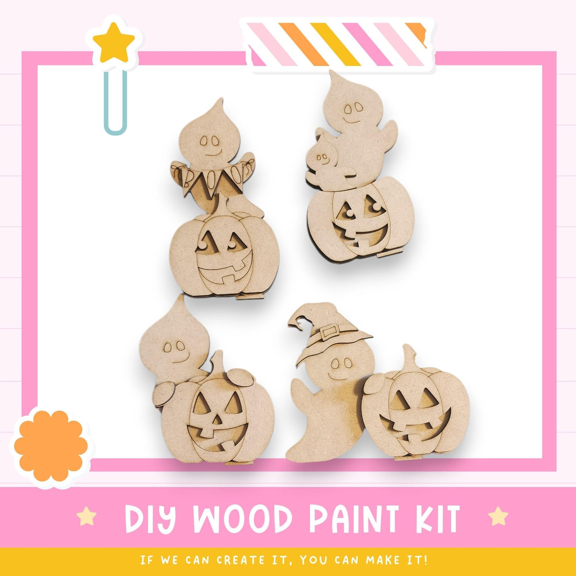 a DIY wood paint kit for creating Halloween decorations, including wooden pumpkins and ghost figures.
