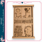 The image is a wooden frame with various cutouts and text, including a gingerbread man, a snowman, and the phrase "Sweet Six Season".