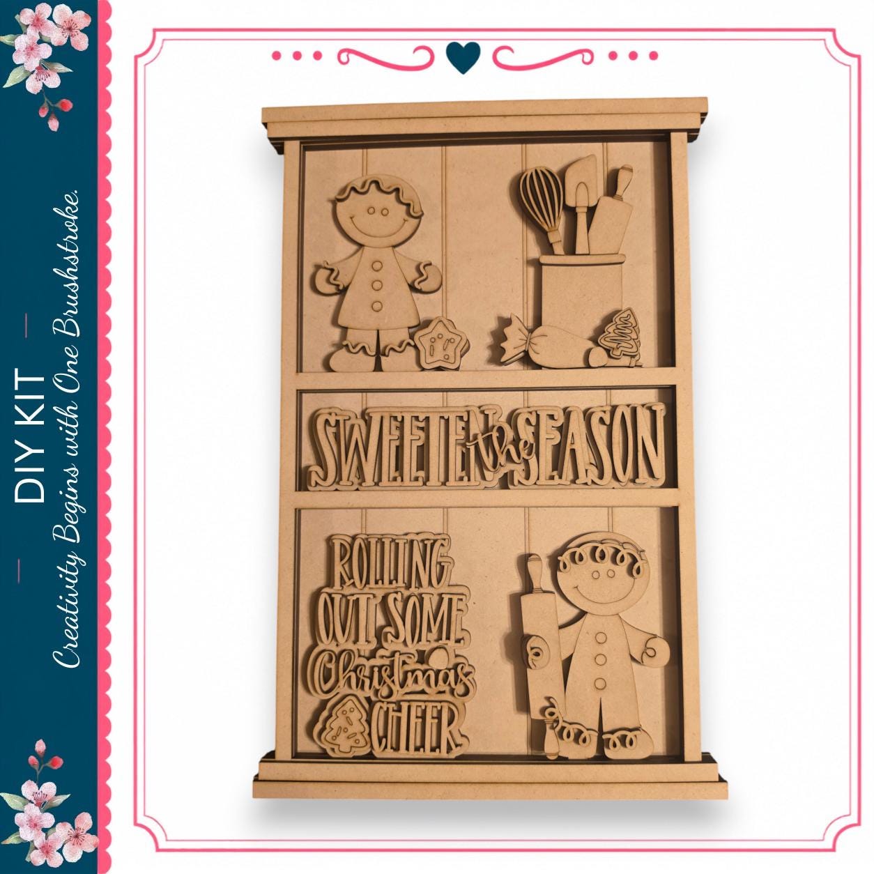 The image is a wooden frame with various cutouts and text, including a gingerbread man, a snowman, and the phrase "Sweet Six Season".