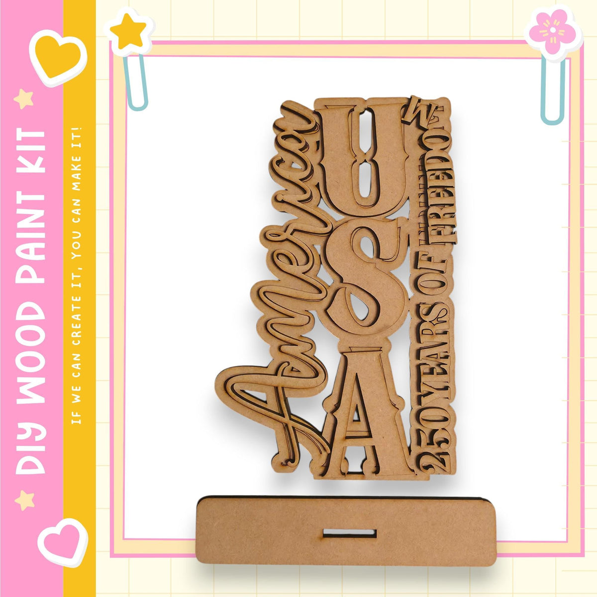 a wooden cutout with the text "American" carved into it, placed on a wooden stand.