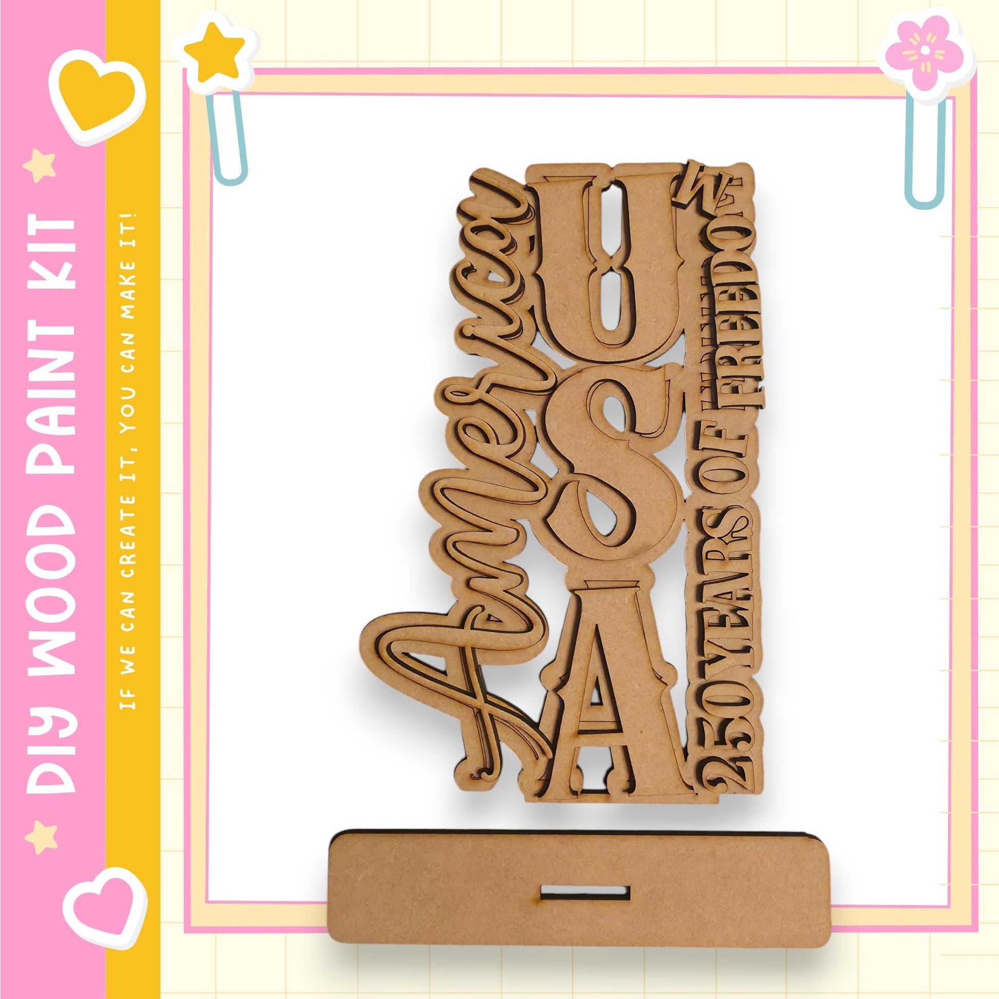 a wooden cutout with the text "American" carved into it, placed on a wooden stand.