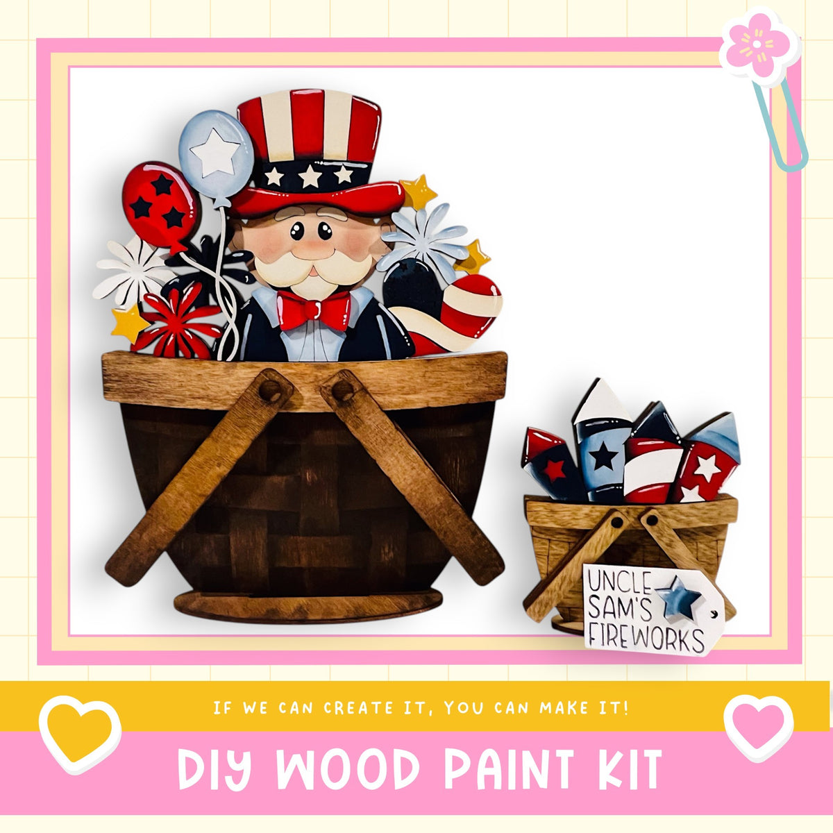 a DIY wood paint kit for creating a patriotic-themed decoration, including a wooden basket filled with patriotic-themed objects such as stars, flowers, and fireworks.