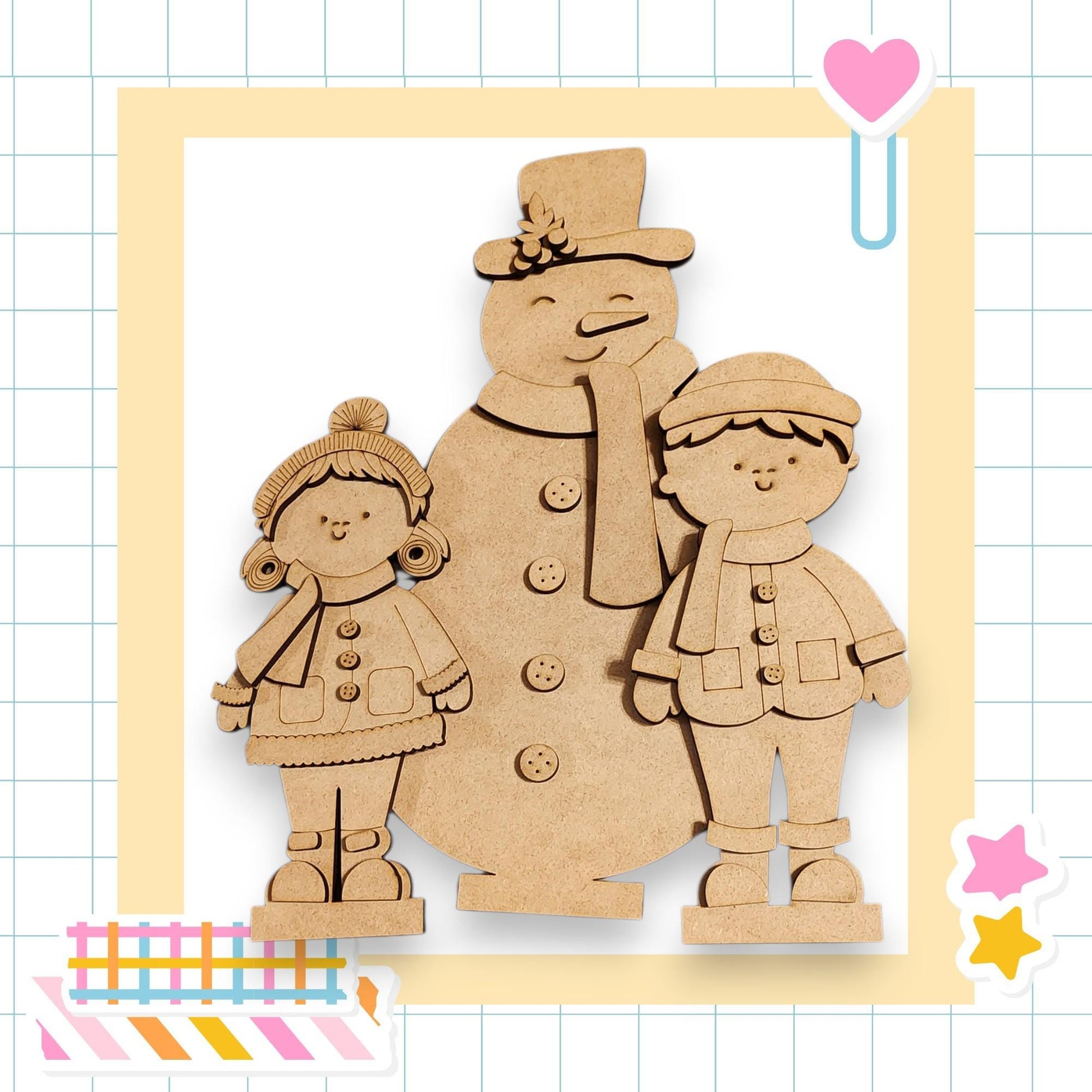 A wooden snowman with two children standing beside it, set against a background with a grid pattern.