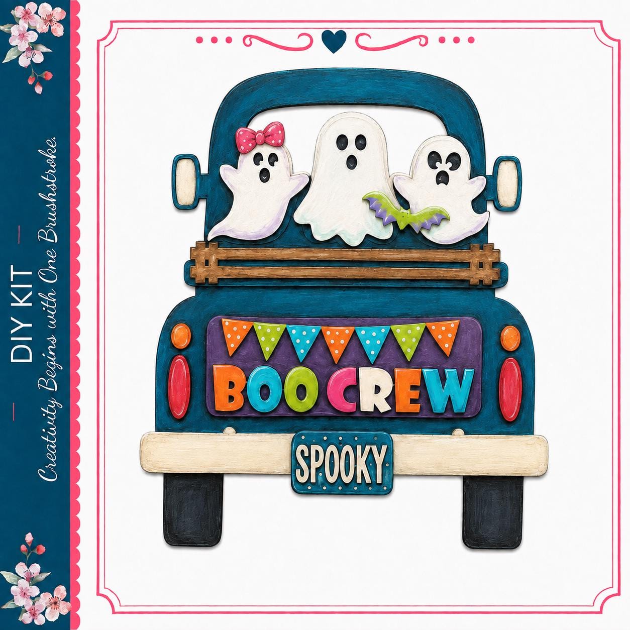 A Halloween-themed truck with three ghostly figures and a banner that says "BOO CREW" on the back.