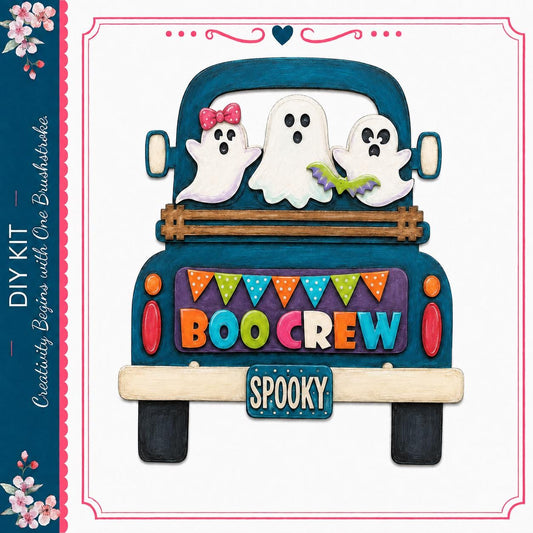 A Halloween-themed truck with three ghostly figures and a banner that says "BOO CREW" on the back.