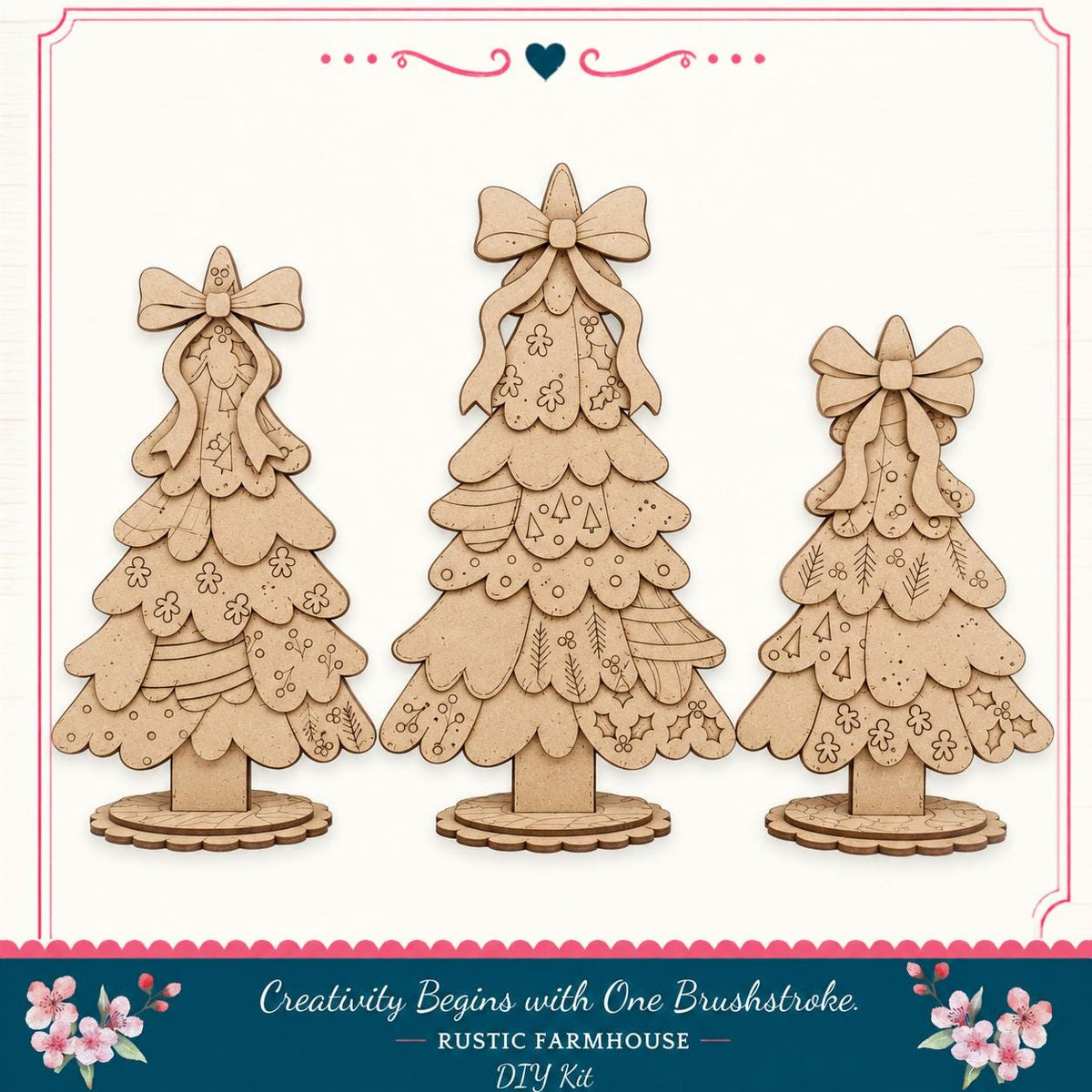 three wooden Christmas tree ornaments with bows, arranged in a row against a white background.