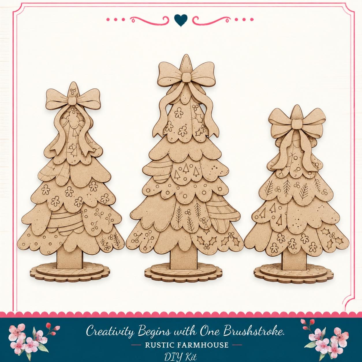 three wooden Christmas tree ornaments with bows, arranged in a row against a white background.