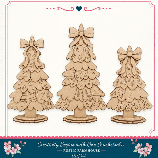 three wooden Christmas tree ornaments with bows, arranged in a row against a white background.