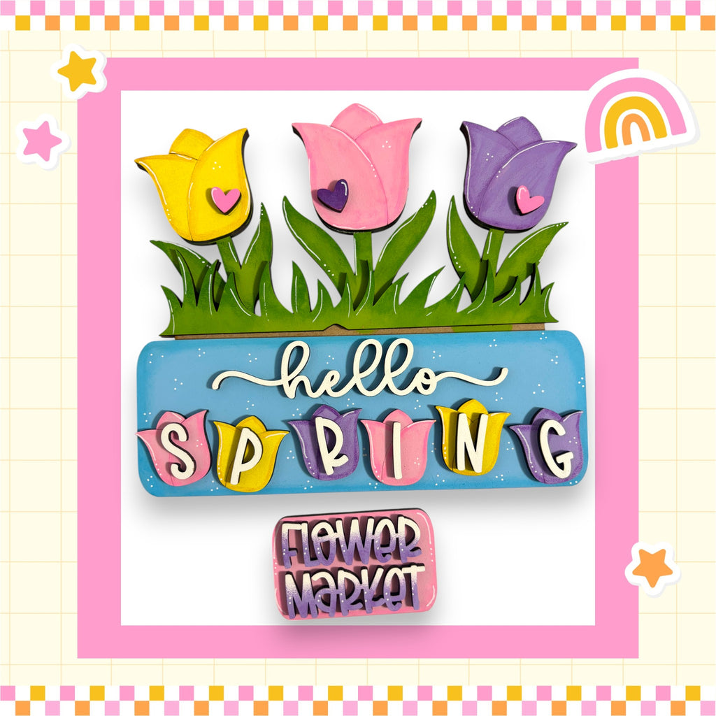 A colorful illustration featuring a bouquet of flowers with the text "Hello Spring" and "Flower Market" displayed on a blue background.