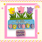 A colorful illustration featuring a bouquet of flowers with the text "Hello Spring" and "Flower Market" displayed on a blue background.